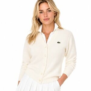 Vintage 70s Lacoste Haymaker Cardigan 36 Ivory Orlon Preppy Crocodile Tennis